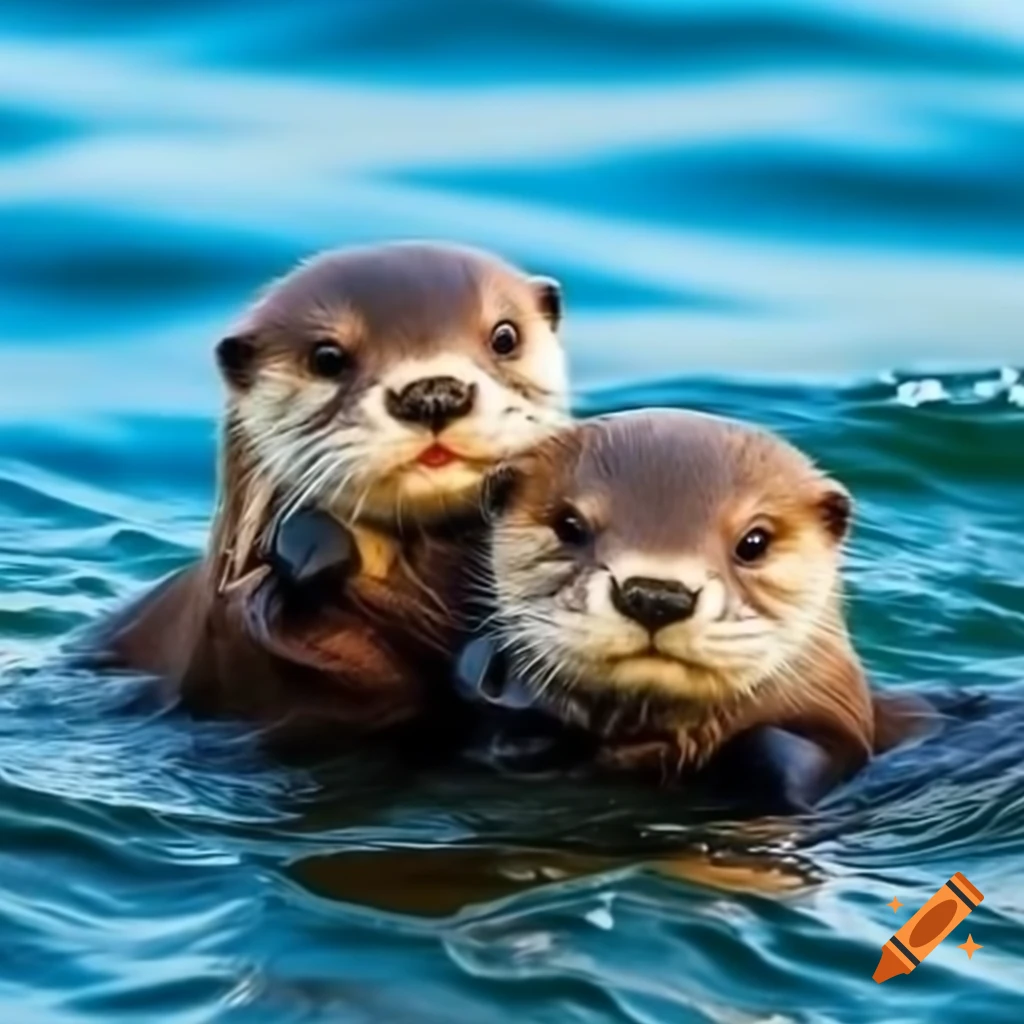Two otters sunbathing on the sea surface