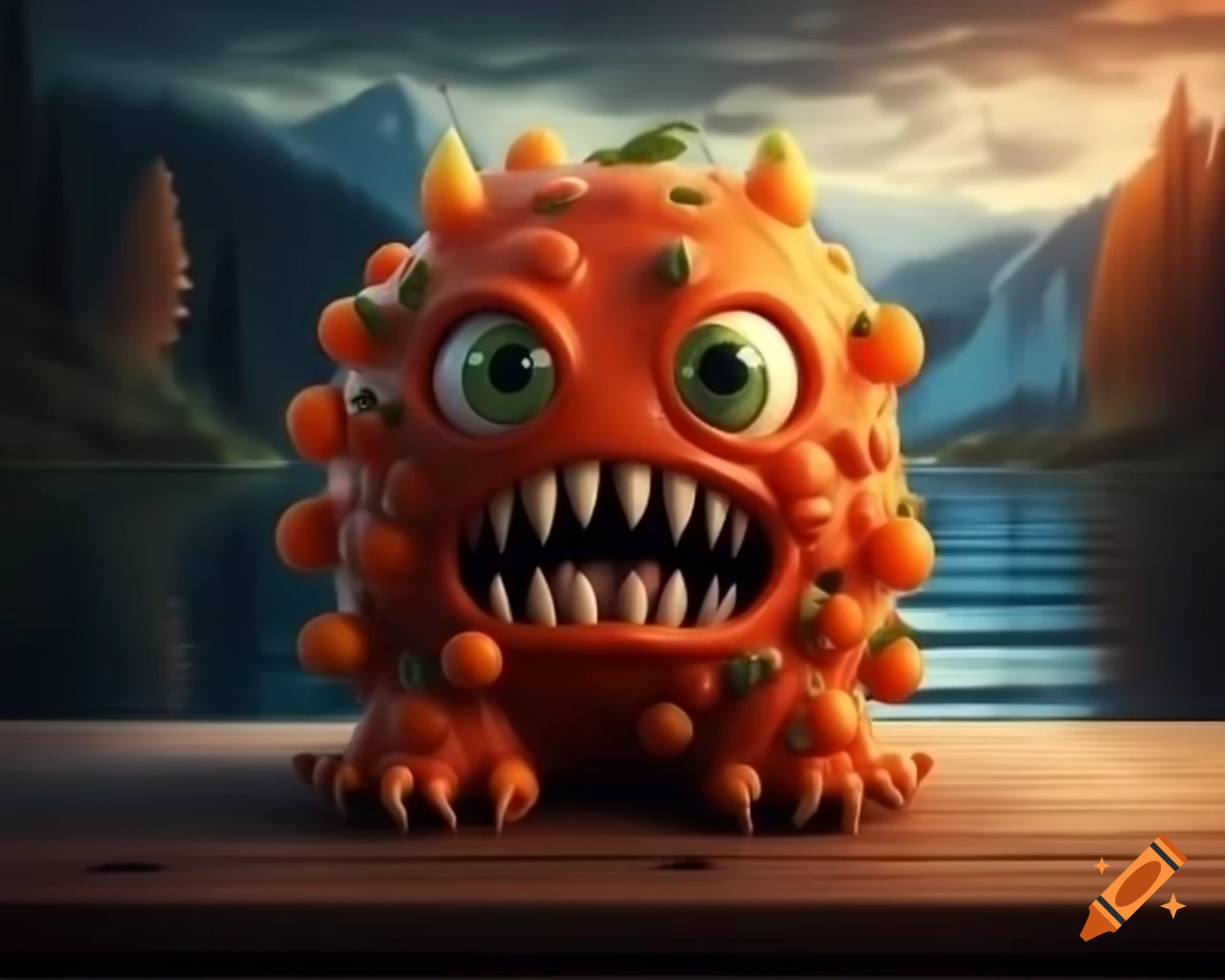 3D orange tree monster with human face on wooden table in forest