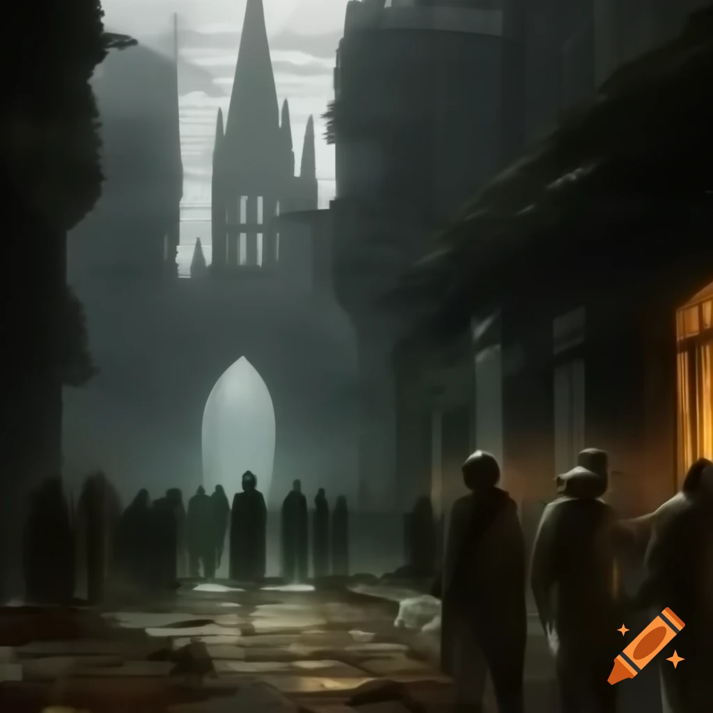 Dystopian cityscape with towering gothic structures and decaying architecture