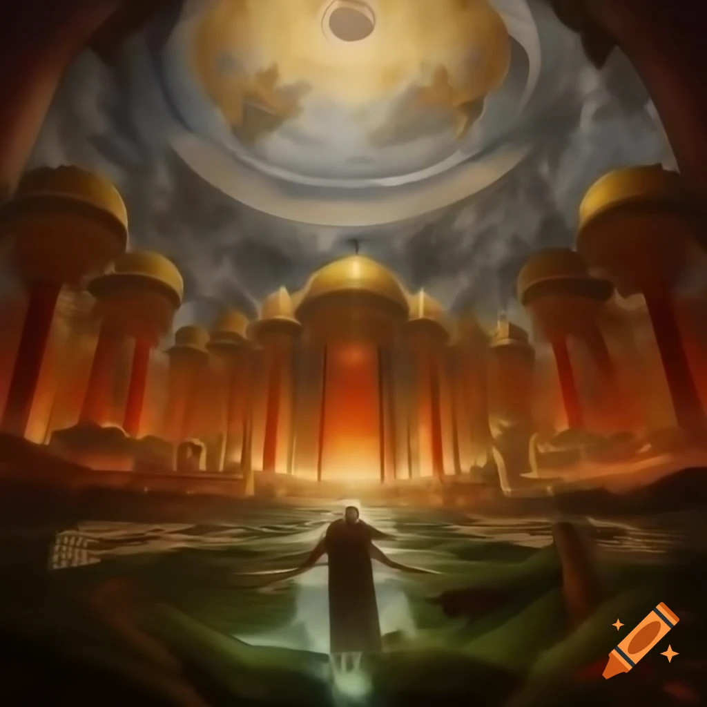 Grand diptych painting of Elysium and Tartarus representing afterlife realms