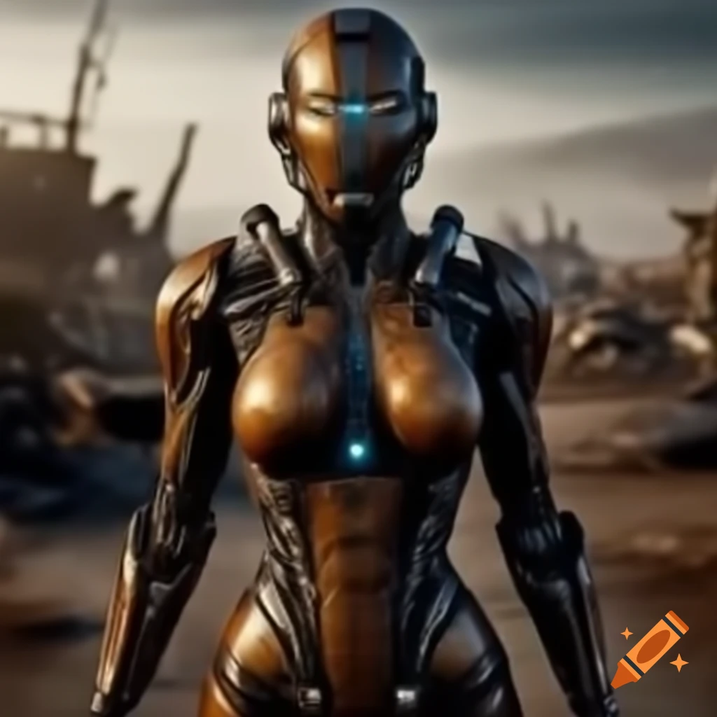 Cyborg warrior in armor standing in post-apocalyptic wasteland