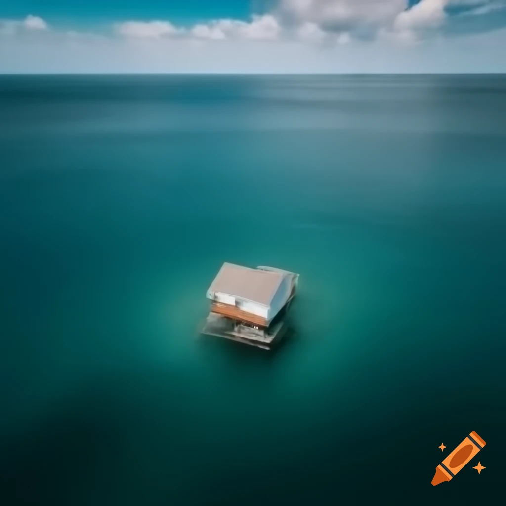 Liminal house surrounded by ocean, surreal imagery