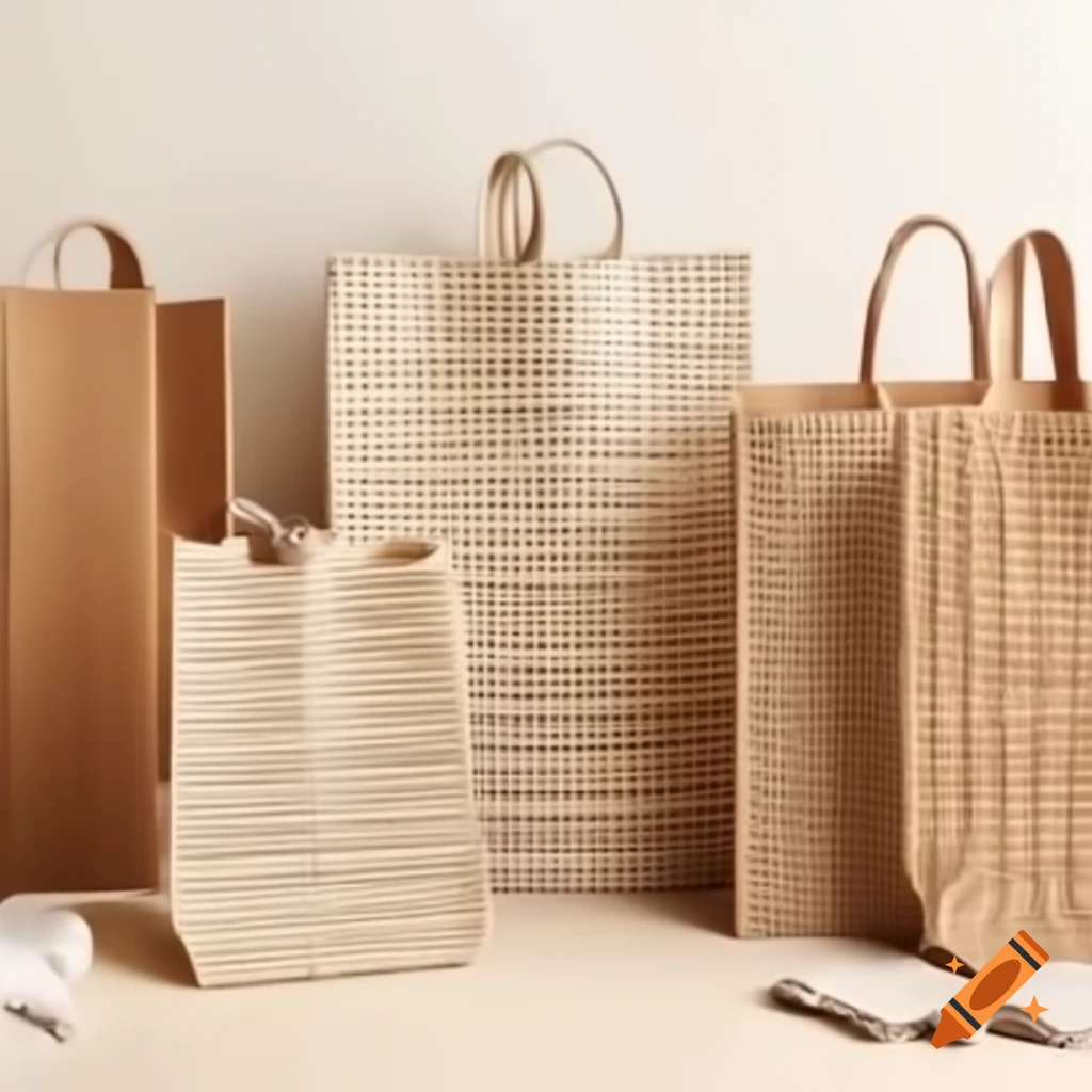Five woven and non-woven printed shopping bags displayed together