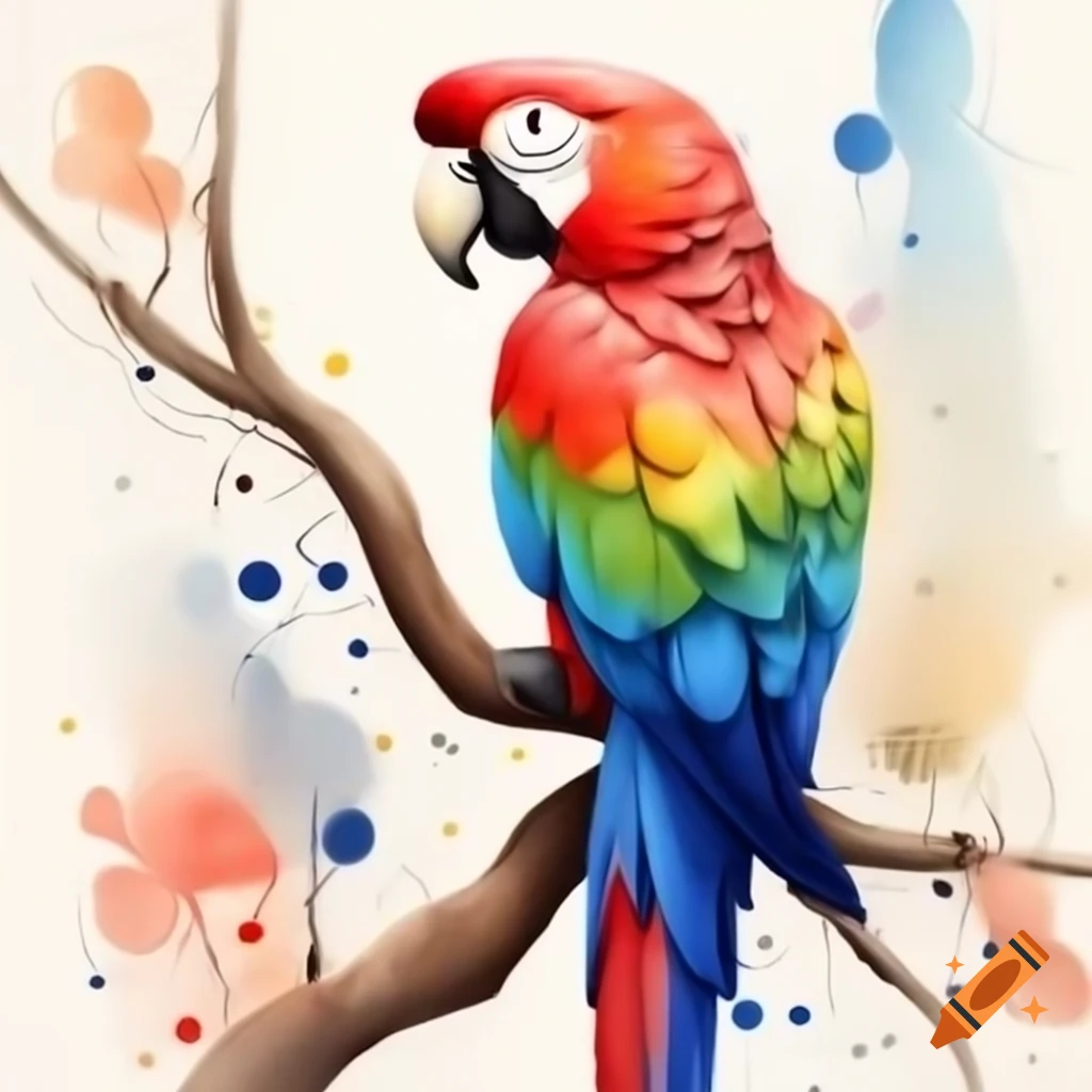 Cartoon-style king parrot in watercolor blue, red, and green on tree branch