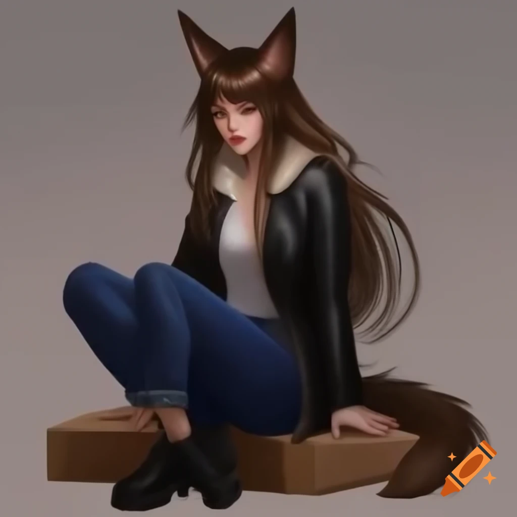 Anime woman with dog ears and tail in black leather jacket and blue jeans sitting on a box