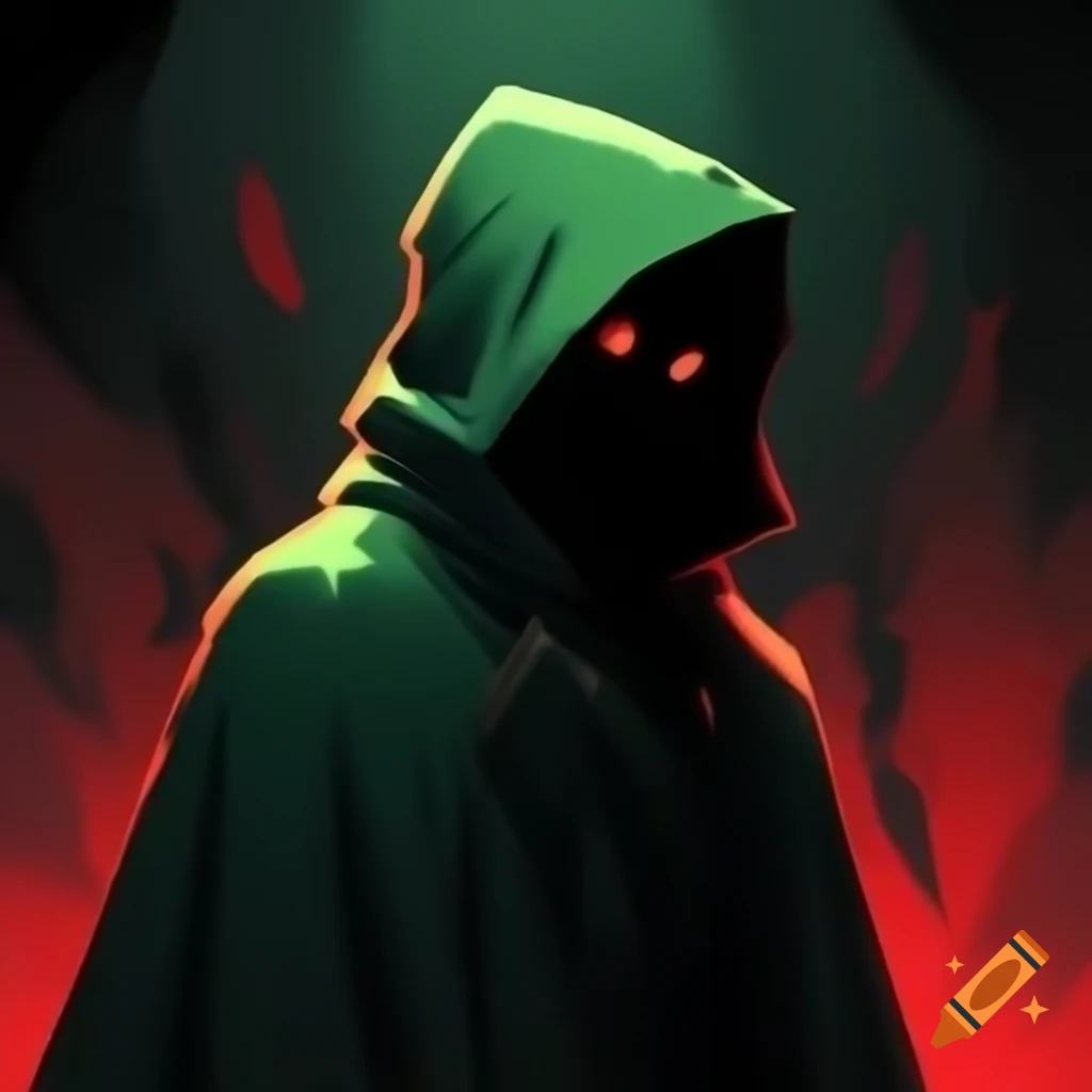 Mysterious man in dark green cloak with glowing red eyes against light green background
