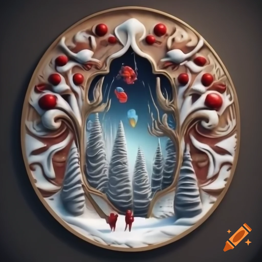 3D illustration of Christmas forest scene merging Native Salish and Russian fairytale motifs