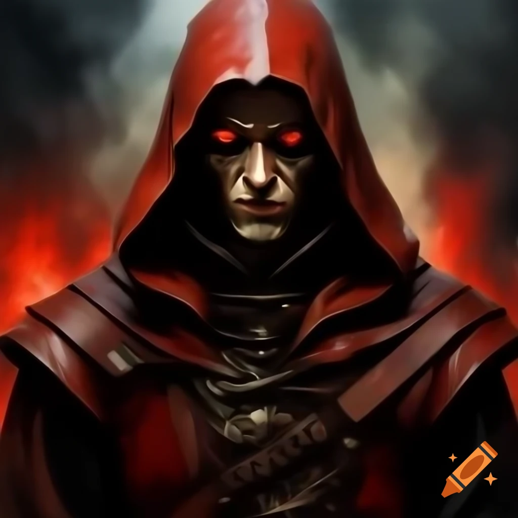 Mature male in red leather medieval clothes with a sinister expression, emitting dust