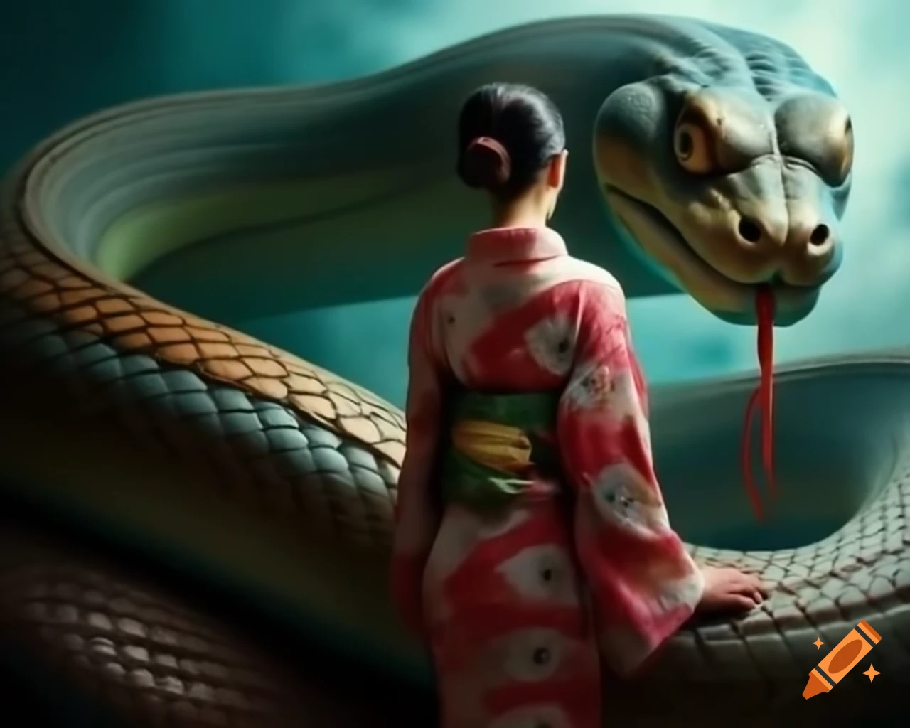 Woman in kimono observing giant snake in hyper realism style