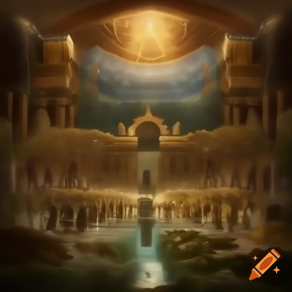 Grand diptych painting of Elysium and Tartarus representing afterlife realms