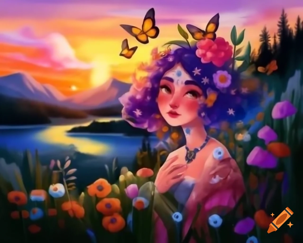 Enchanting colorful-haired woman with wildflowers and butterflies, stunning sunset in background