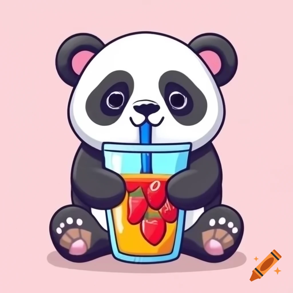 Cartoon panda bear enjoying a strawberry drink