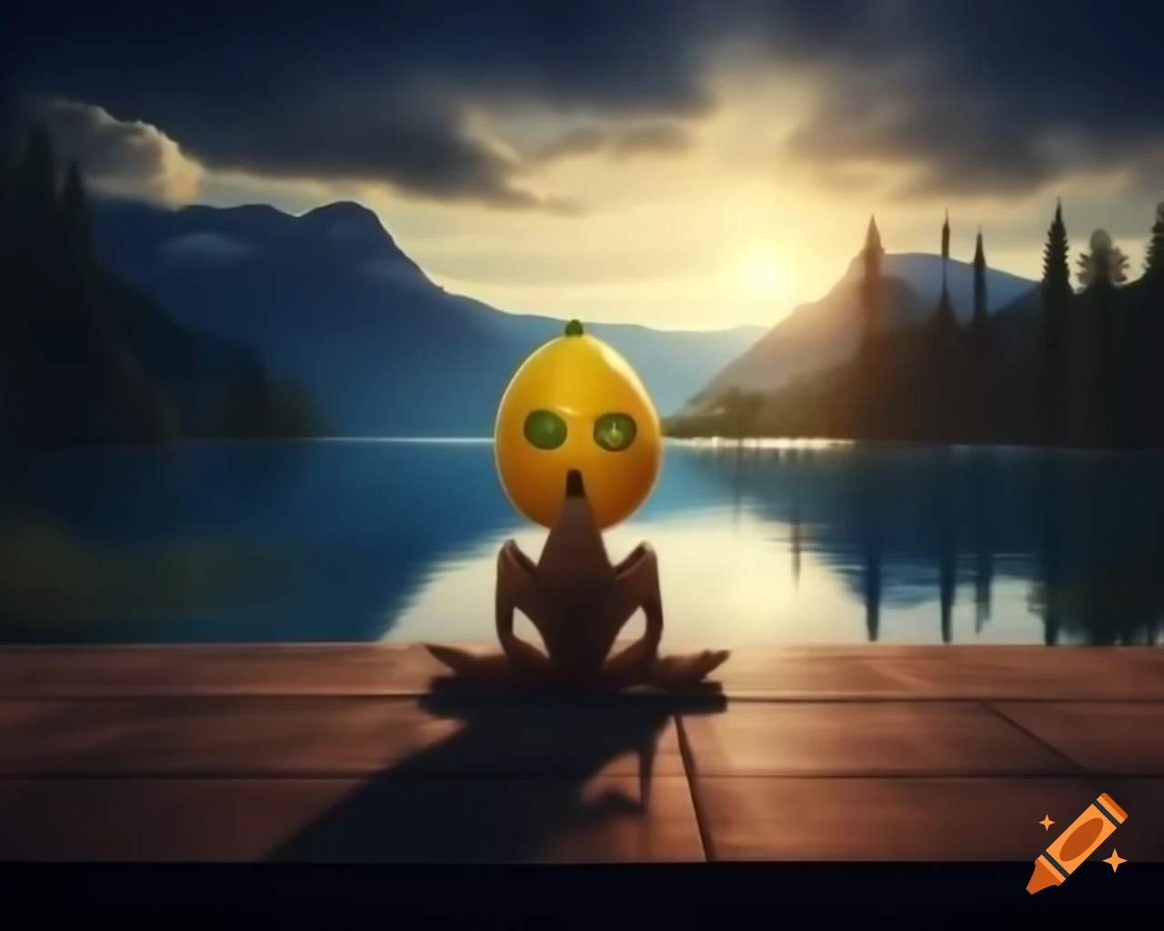 Surreal sculpture of Lemon Monster with human features in forest setting