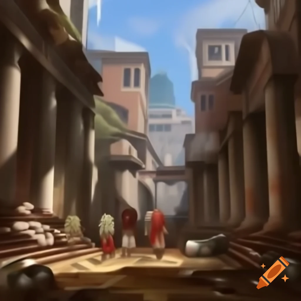 Starving child wandering Roman city under siege in Renaissance style painting