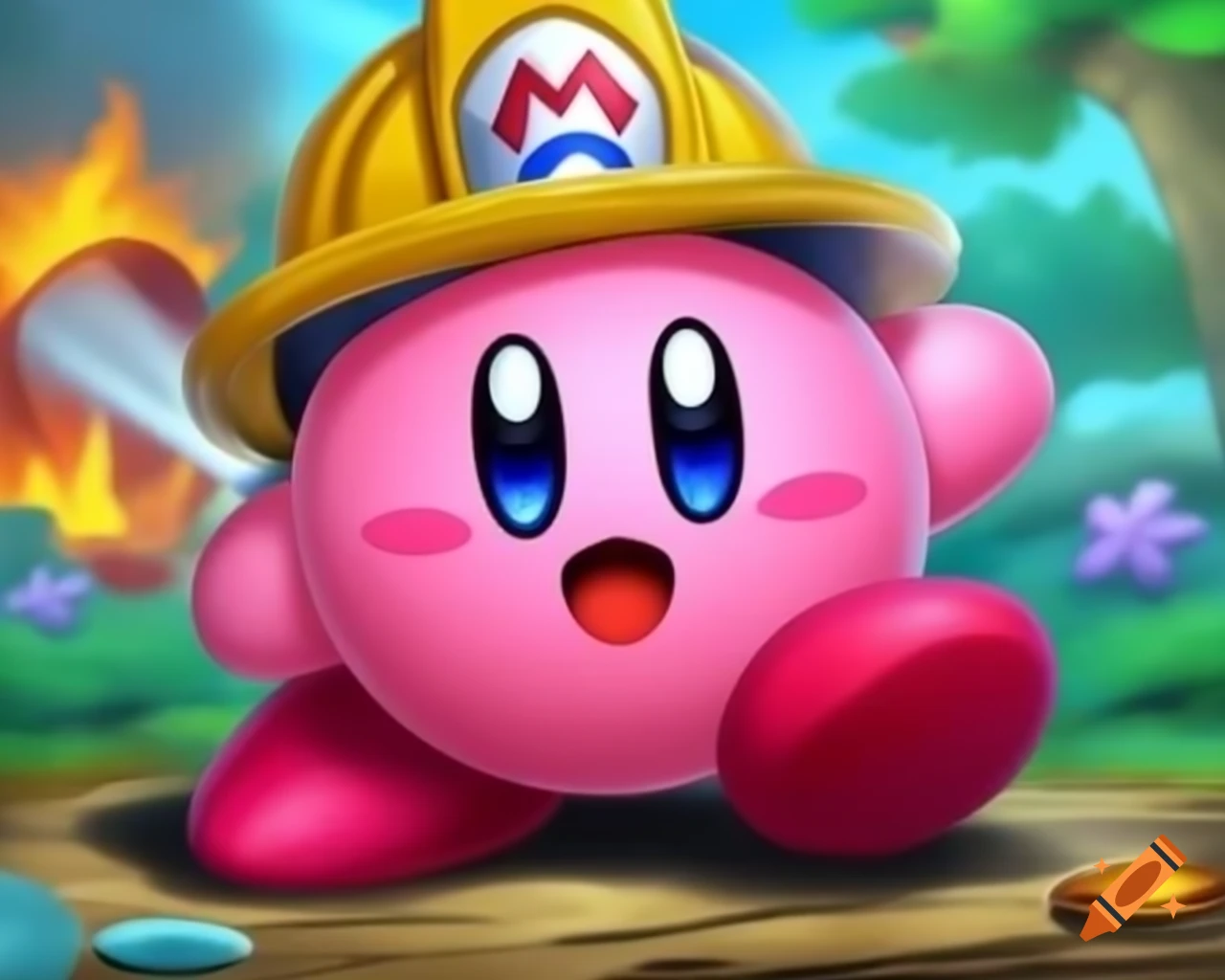 Kirby character dressed as a firefighter