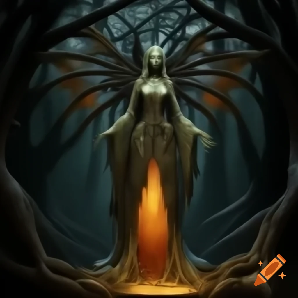 Gothic fairy tale sculpture of a beautiful fairy with bat-like wings in enchanted forest