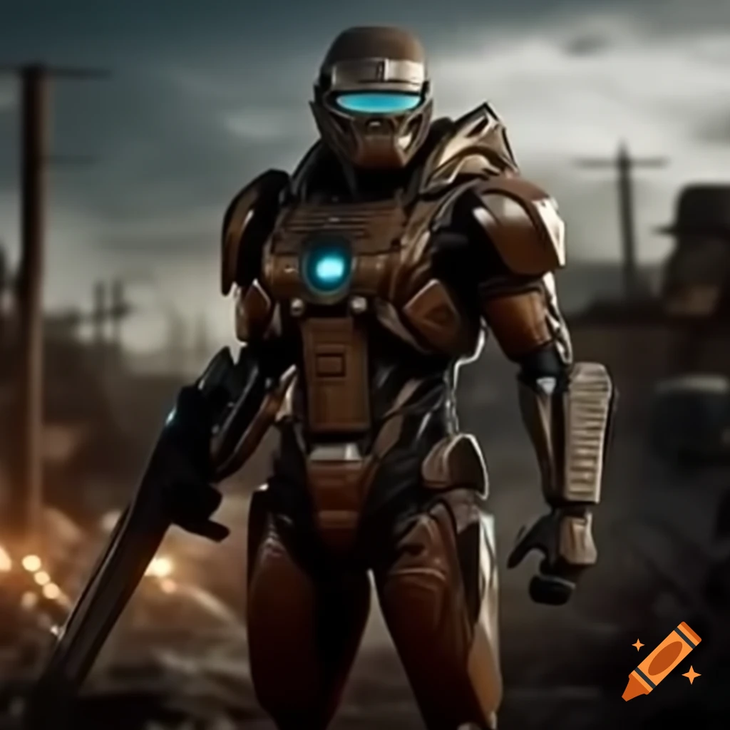 Cyborg warrior in armor with laser rifle in post-apocalyptic wasteland