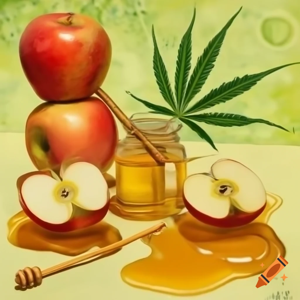 Still life of apples and honey with marijuana leaves in Van Gogh style