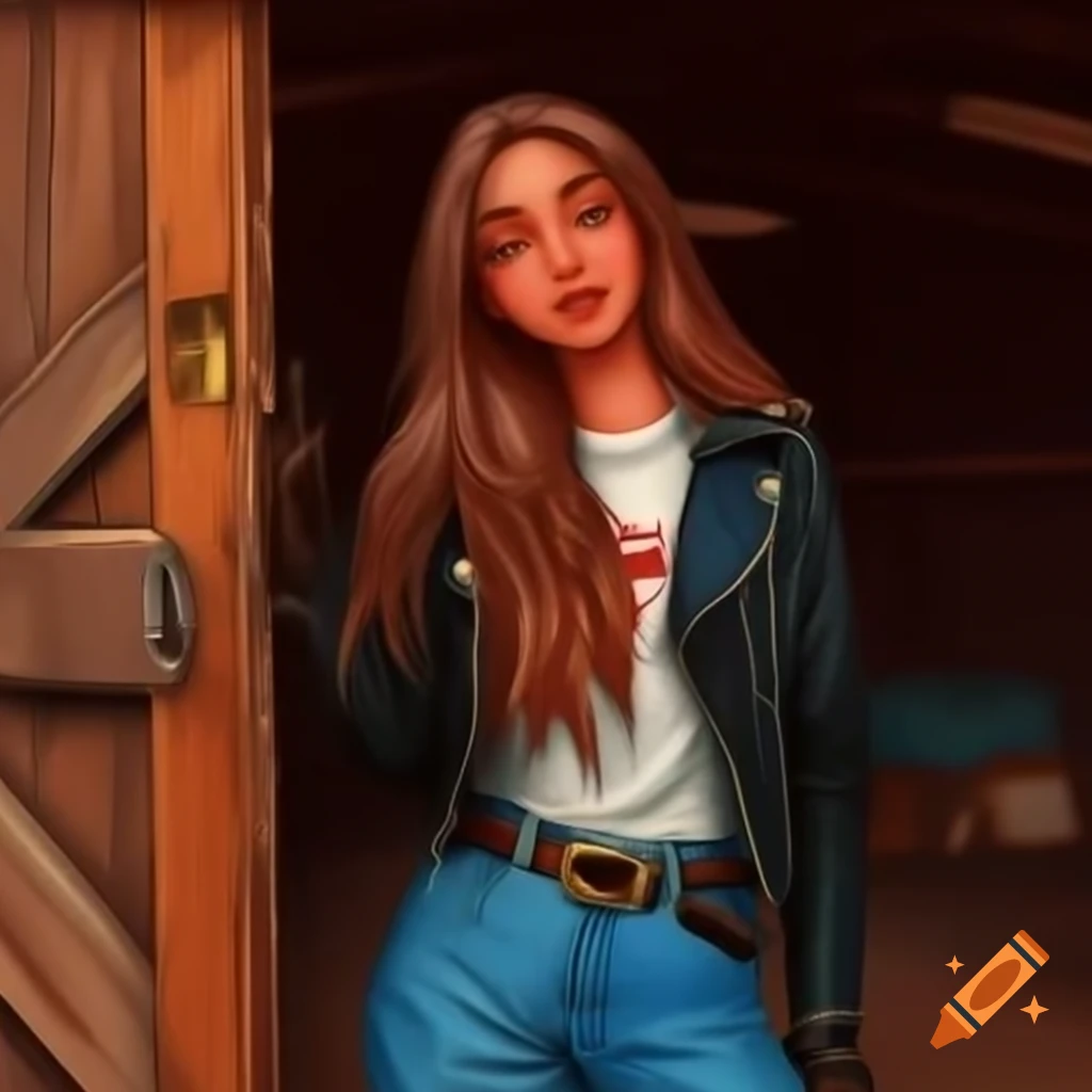 Hyperrealistic portrait of a woman in casual outfit looking through barn door