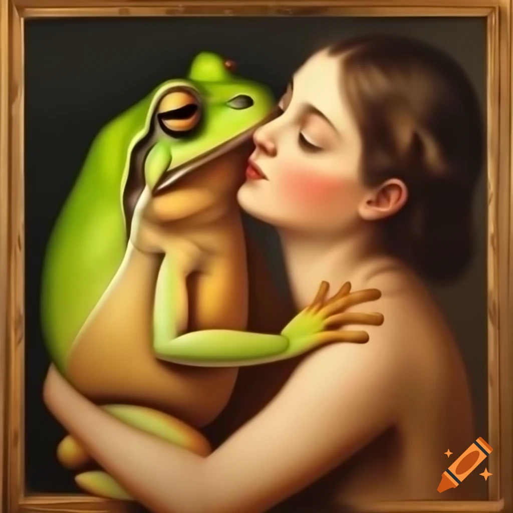 Vintage oil painting of a frog and woman sharing a kiss in Balthus style