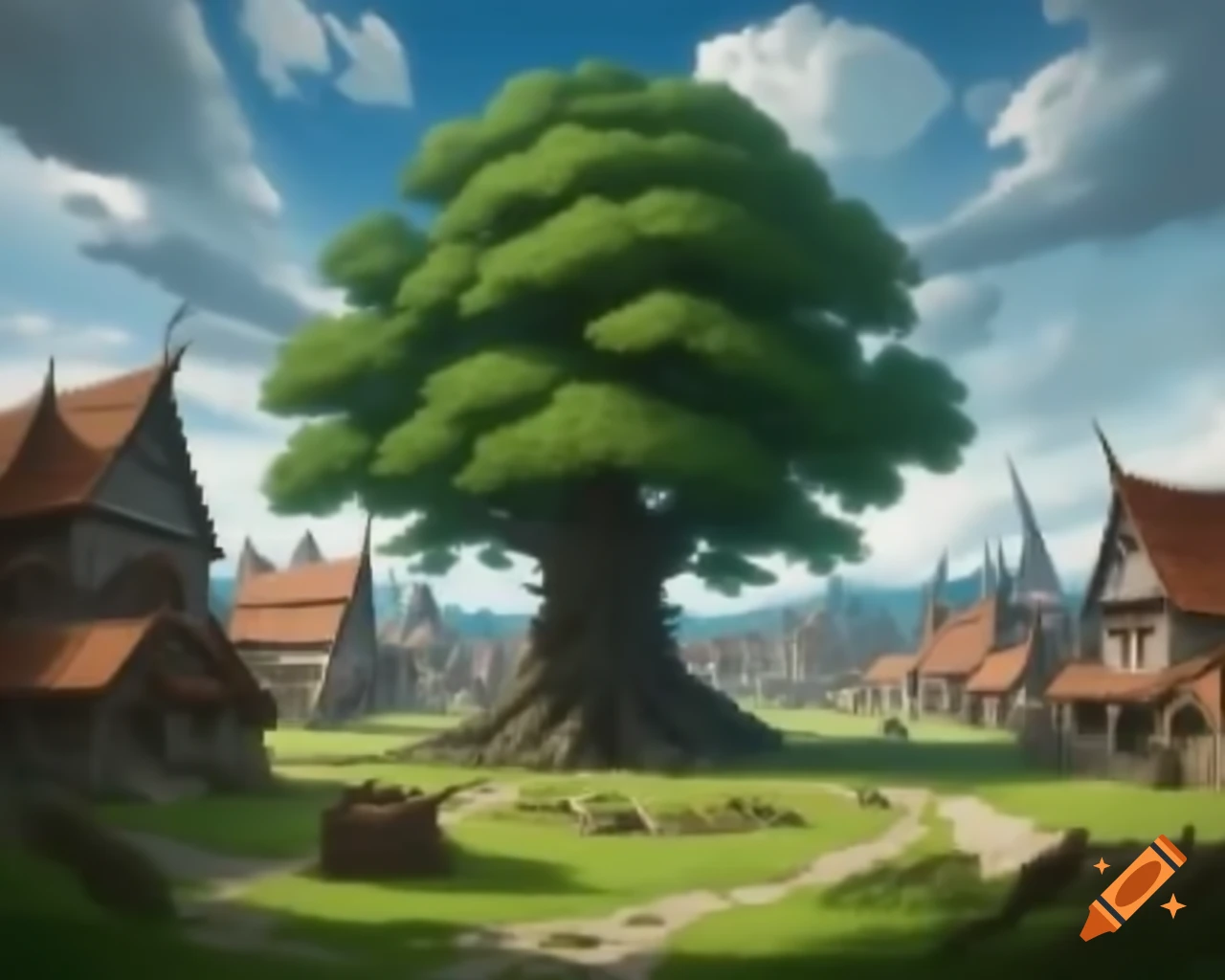 Medieval fantasy village featuring a large central tree