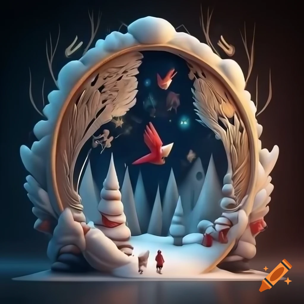 3D illustration of Christmas forest scene merging Native Salish and Russian fairytale motifs