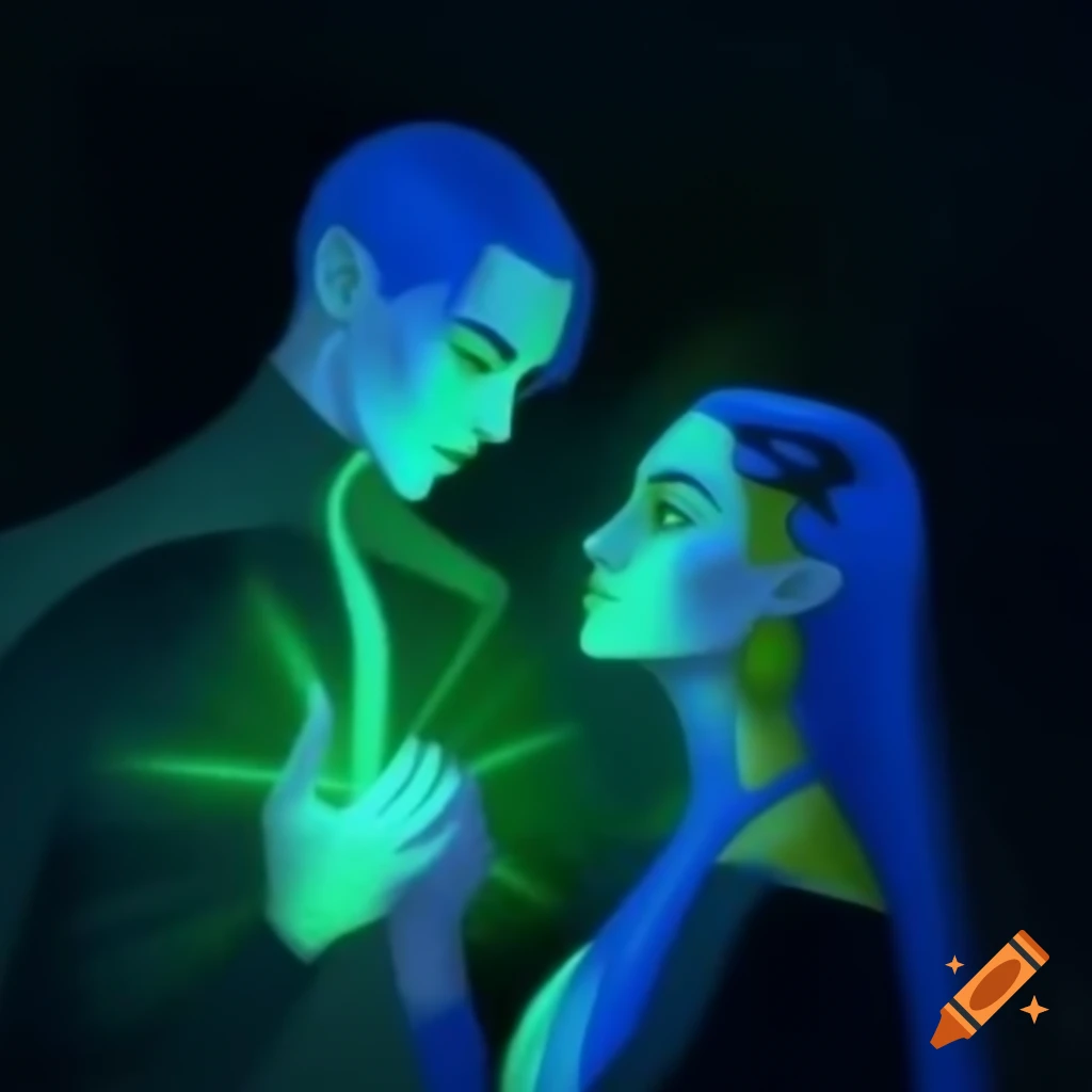 Two men with blue aura and a woman with green aura