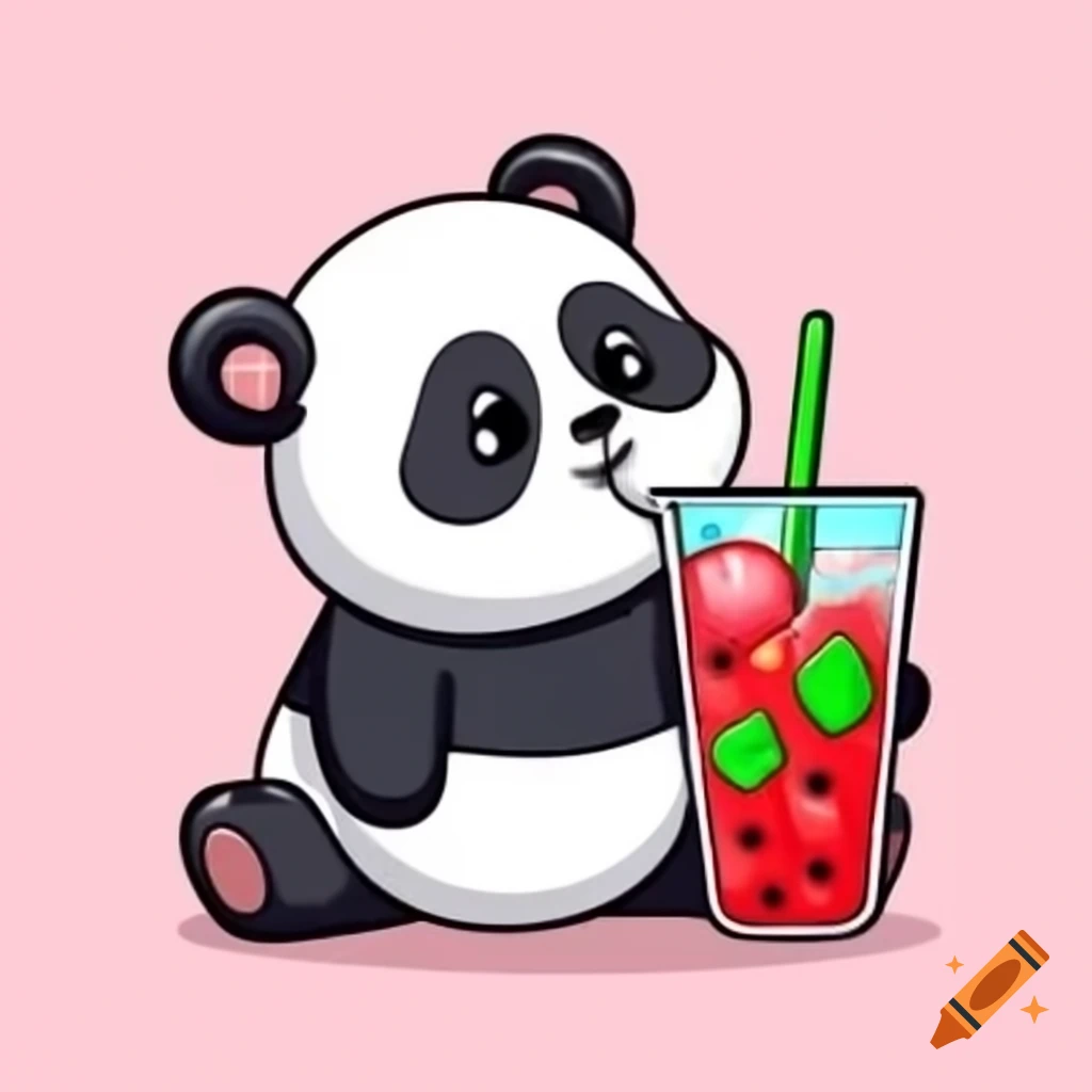 Cartoon panda bear enjoying strawberry drink