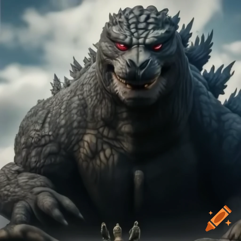 Putin riding Godzilla in Dream War, dramatic scene