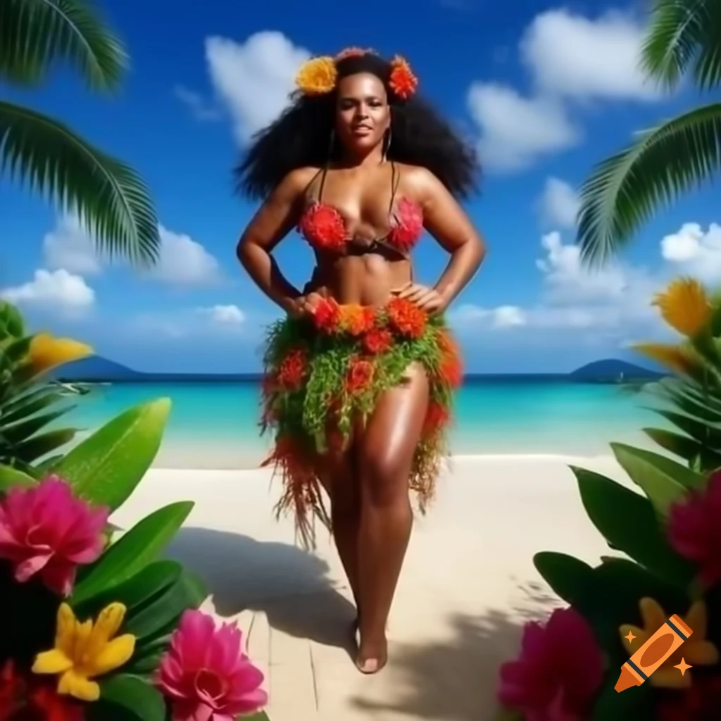 Tahiti dancer on beach adorned with tropical flowers
