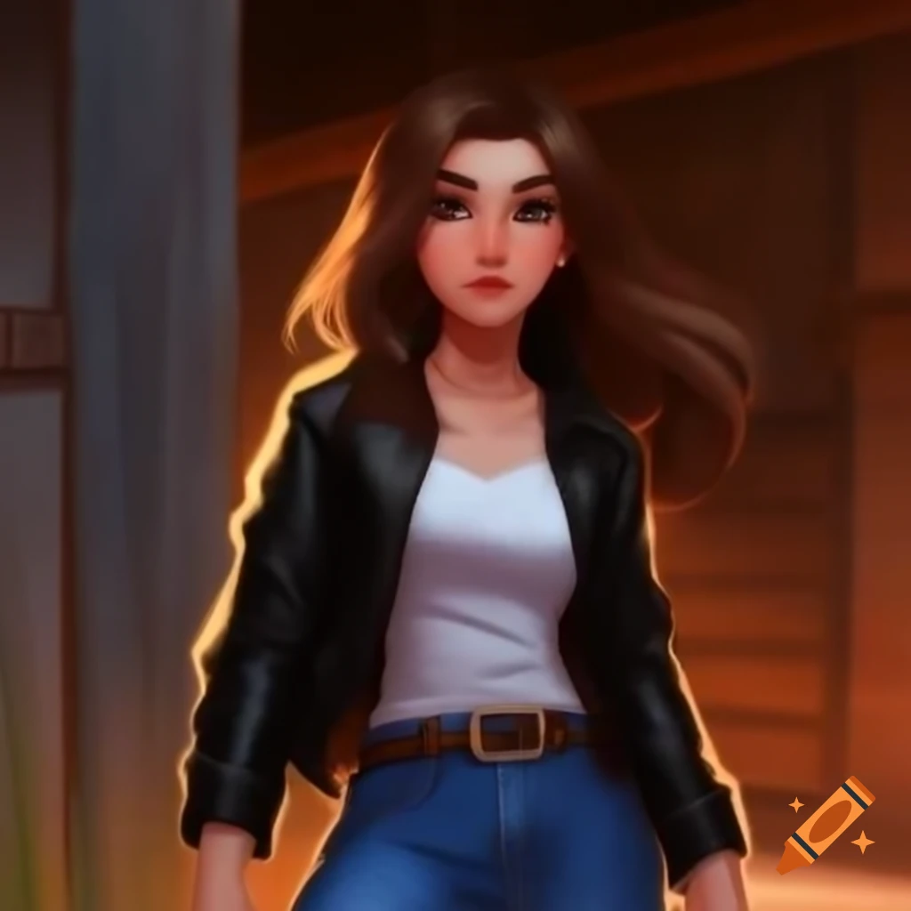 Hyperrealistic portrait of a woman in casual outfit looking through barn door