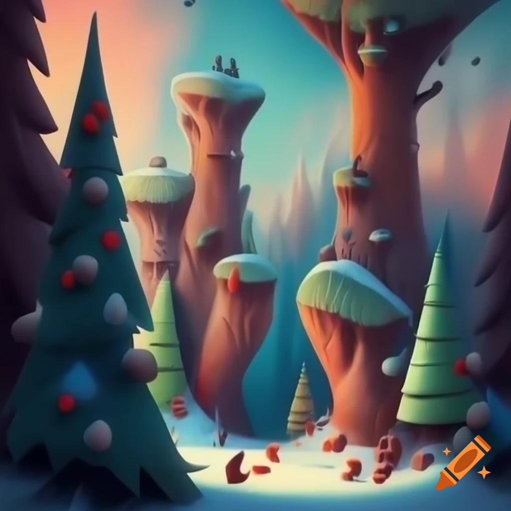 Panoramic illustration of Christmas forest scene blending Salish and Russian fairytale motifs with evergreens