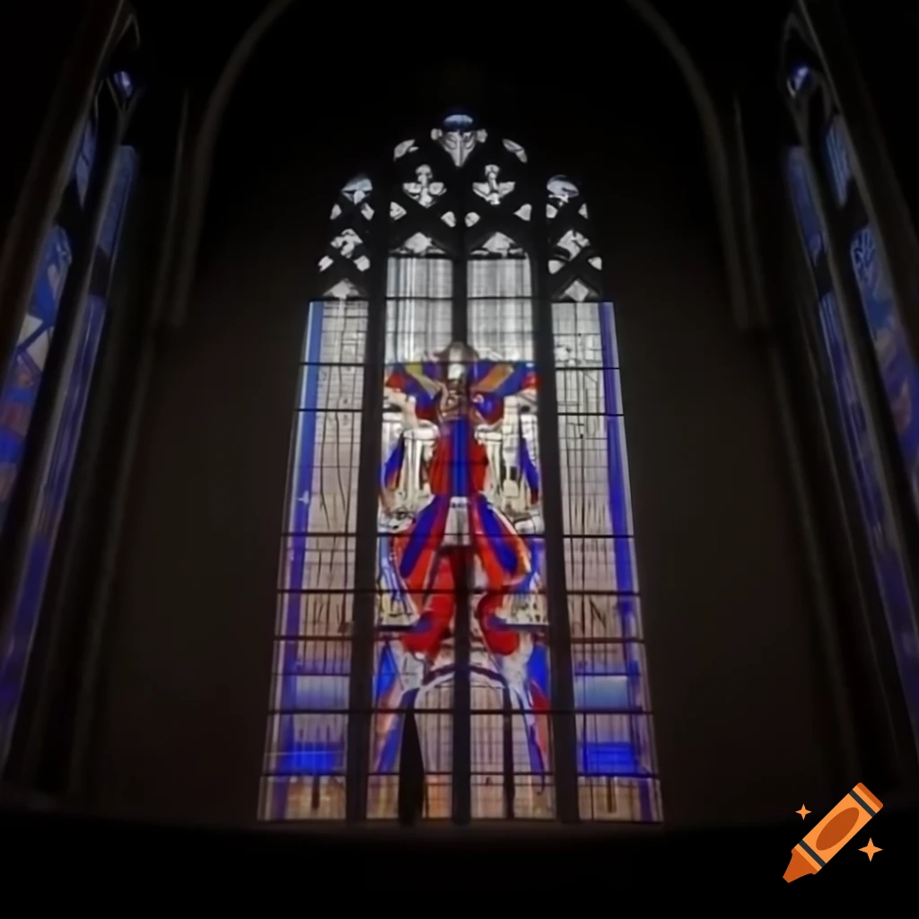 Stained glass artwork depicting a gundam in a church