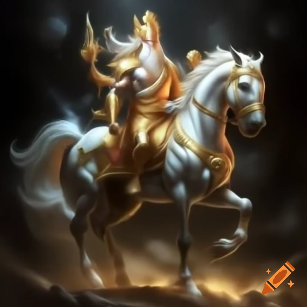 God Kalki riding a glowing white horse, depicted in divine gold
