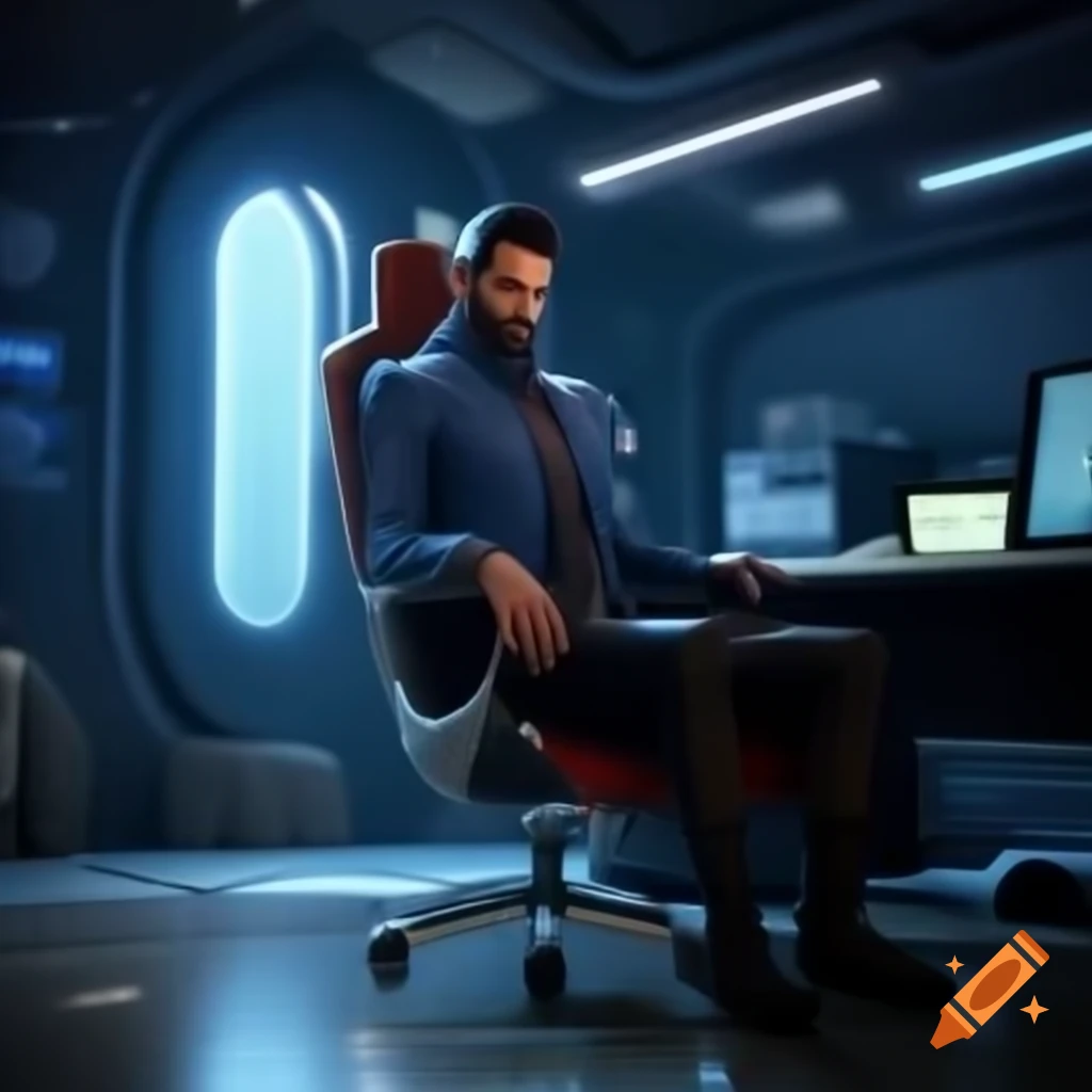Man in futuristic chair in sci-fi office with large window, Andrea Sorrentino style