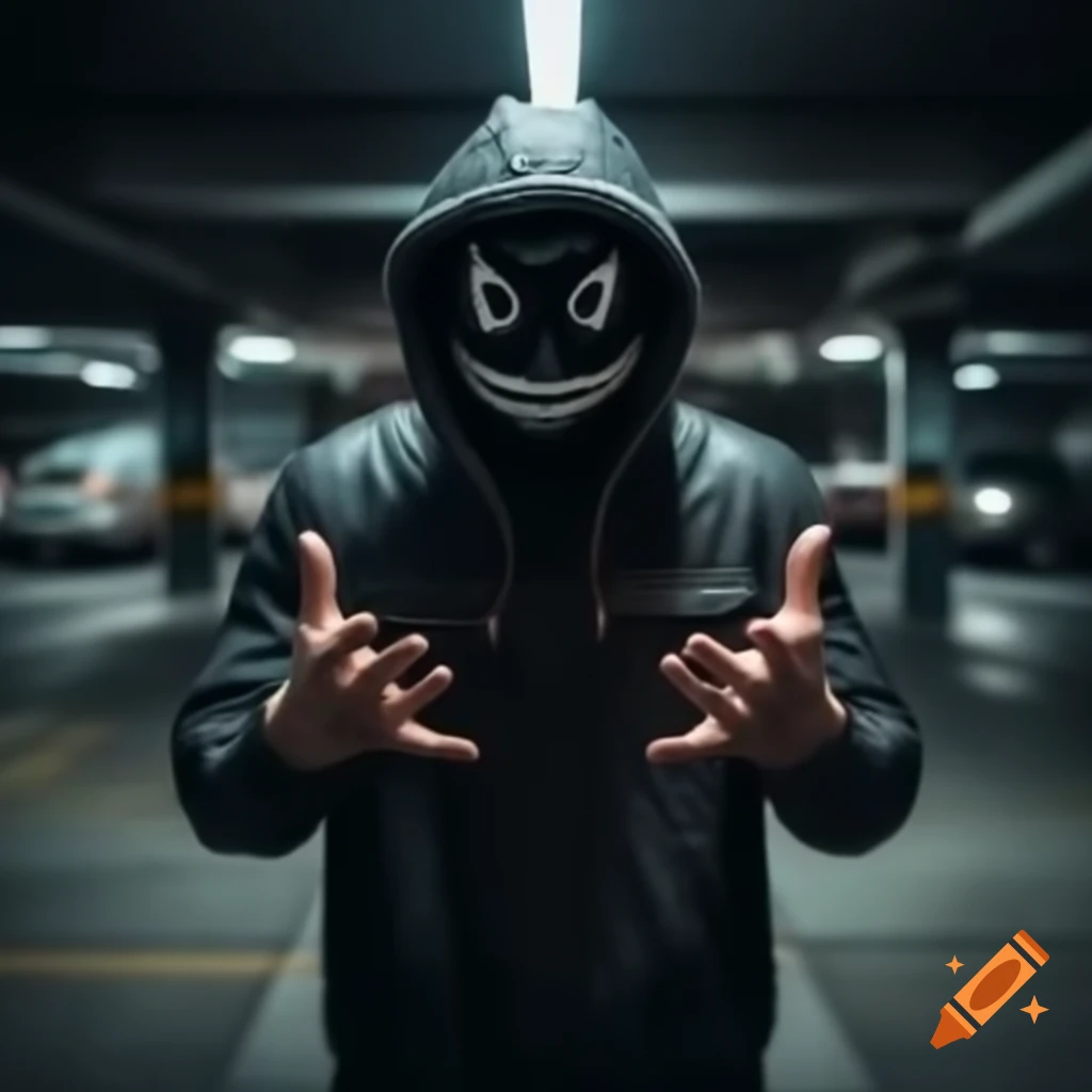Masked robber in underground parking garage making hand gestures