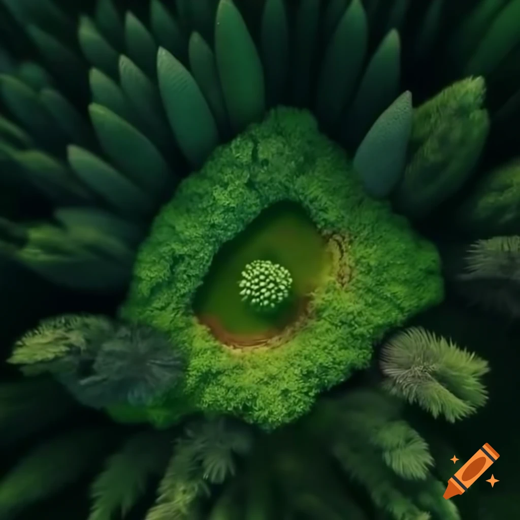Empty green nest on forest green ground viewed from above