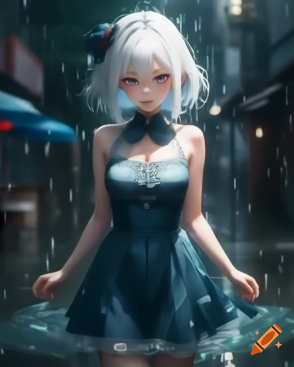 Anime woman with white hair in dress on rainy day, realistic style