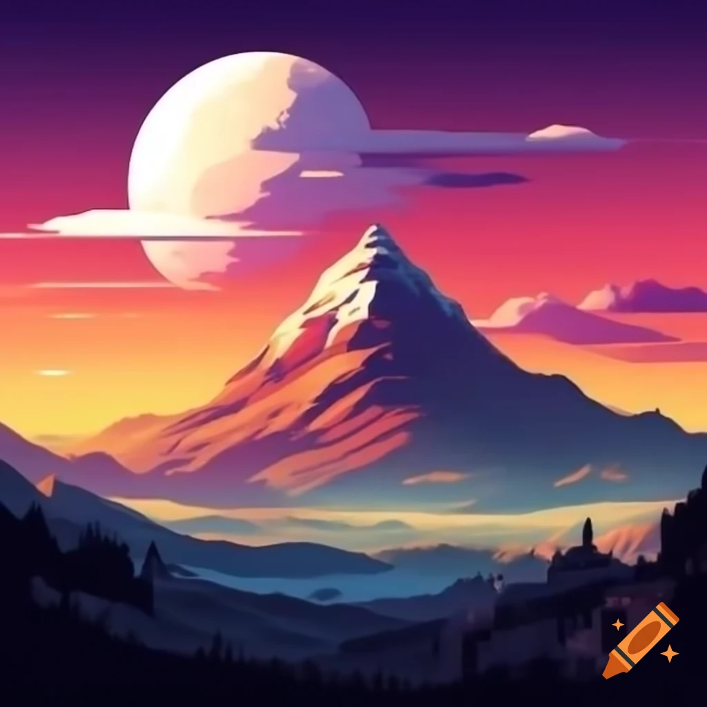 Mountain at sunrise illustrated with vivid colors