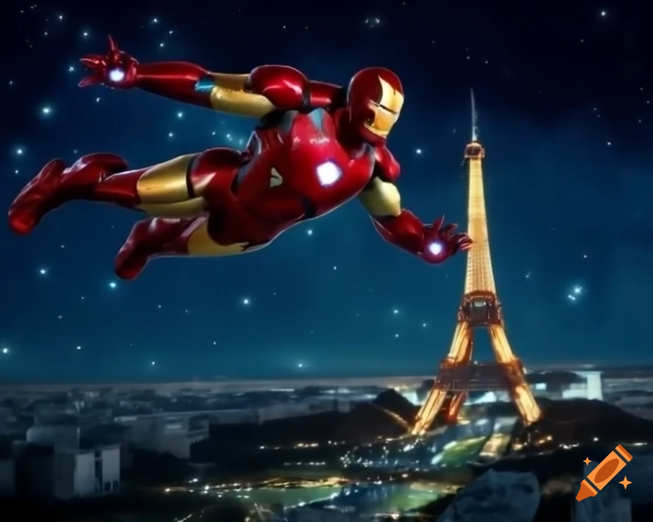 Iron Man flying around the Eiffel Tower on a starry night
