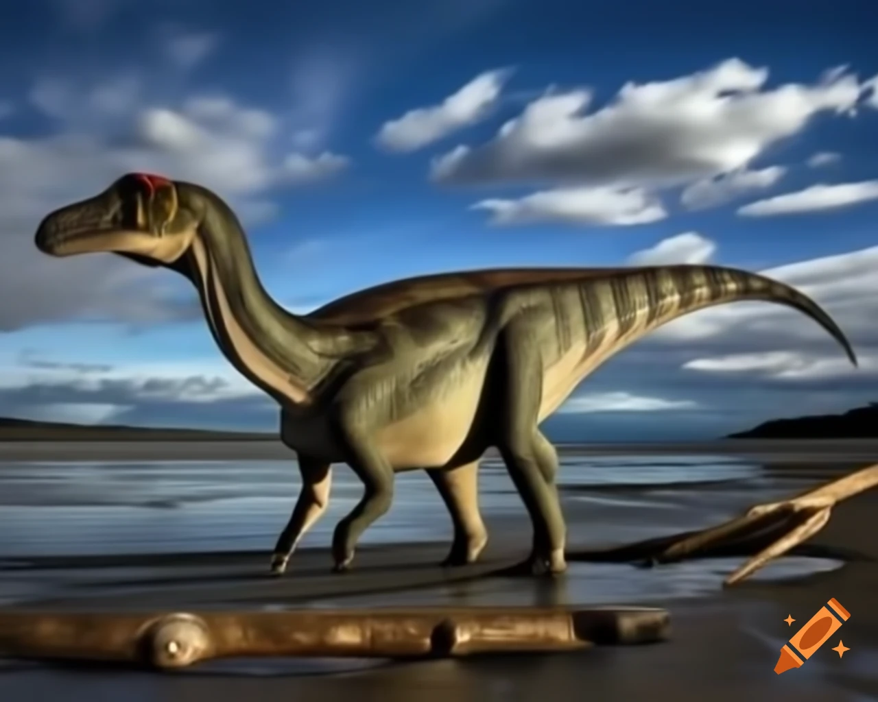Allosaurus walking along puddly coast with sandy ripples and driftwood, British Columbia