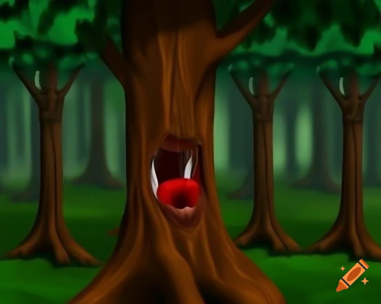 Creepy human face made of tree bark in woods, with red mouth and trees on body