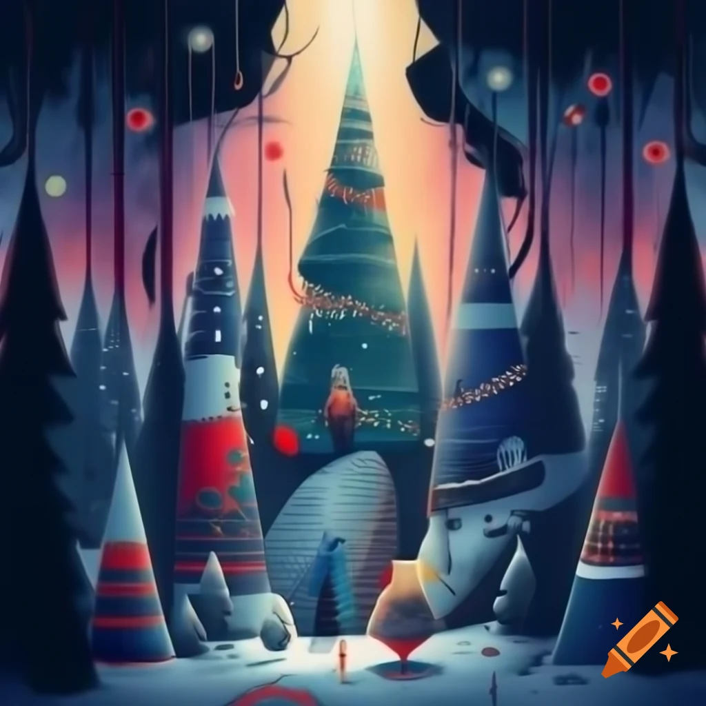 Panorama illustration of Christmas forest combining Salish and Russian fairytale motifs