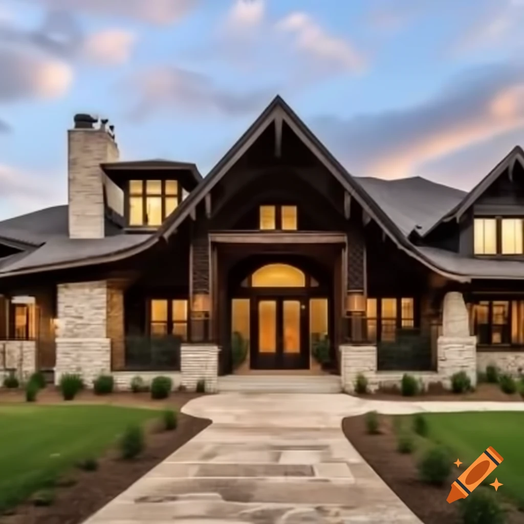 Big ranch mansion featuring dark wood and beige marble architecture