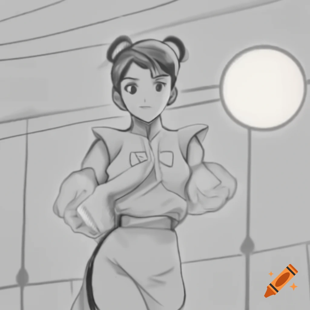Anime depiction of Chun-li from Street Fighter with akimbo pose in front of floodlight