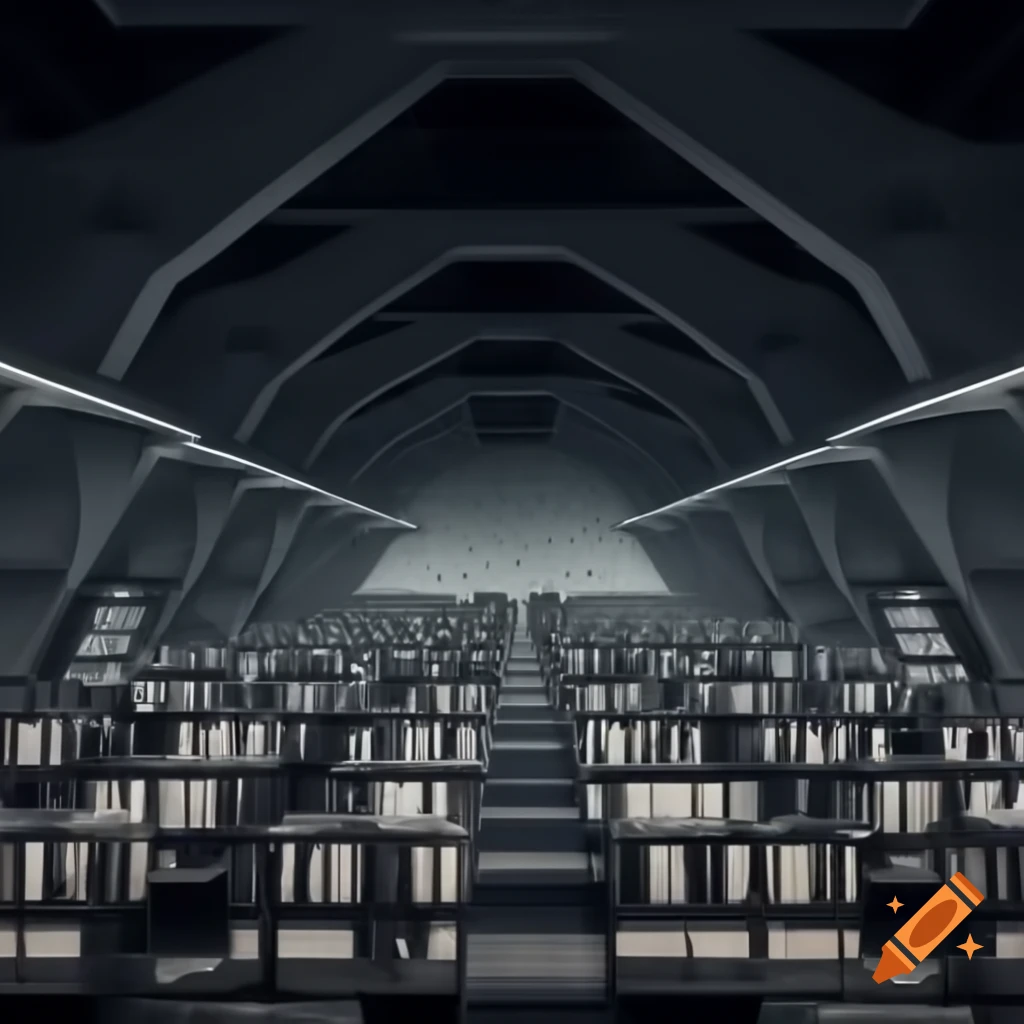 Futuristic brutalism style interior of an empty monochrome library