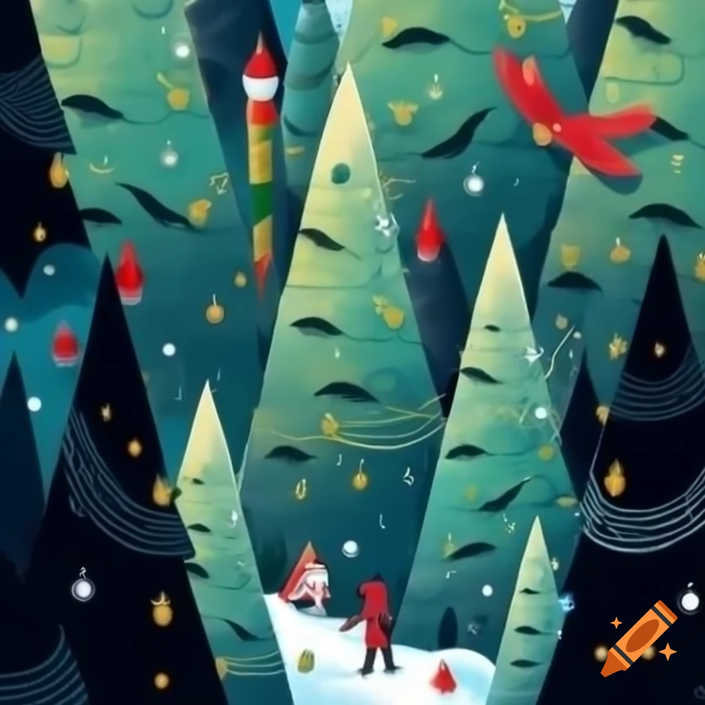 Panorama illustration of Christmas forest scene with Native Salish and Russian fairytale motifs