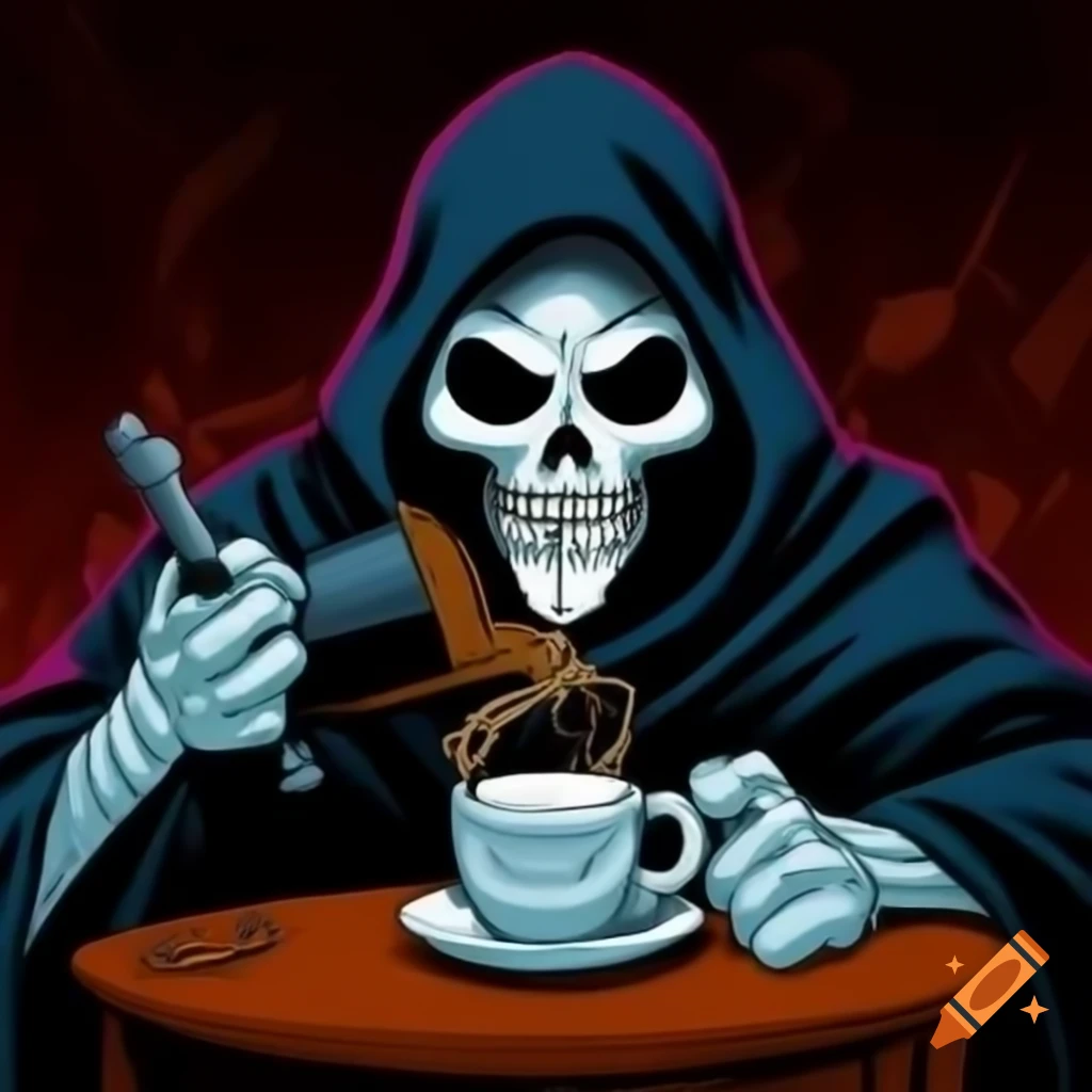 Comic version of the reaper enjoying coffee