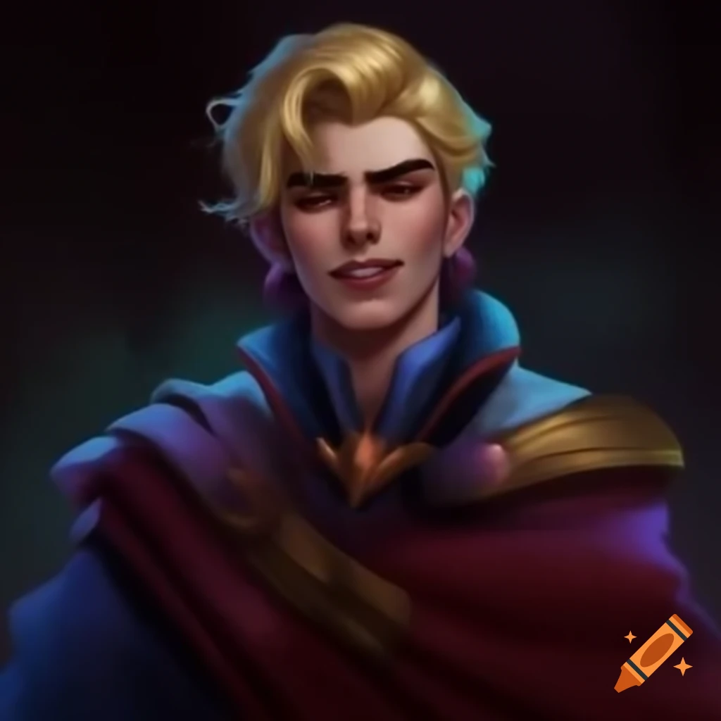 Stylish male with blonde hair in psychedelic clothing, portraying a maniacal expression
