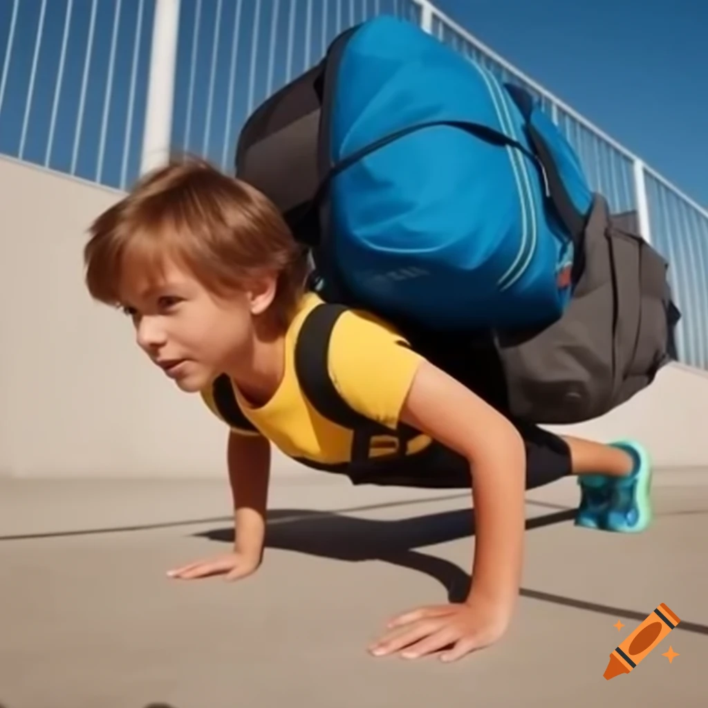 Boy performing push-ups with a heavy backpack for strength training